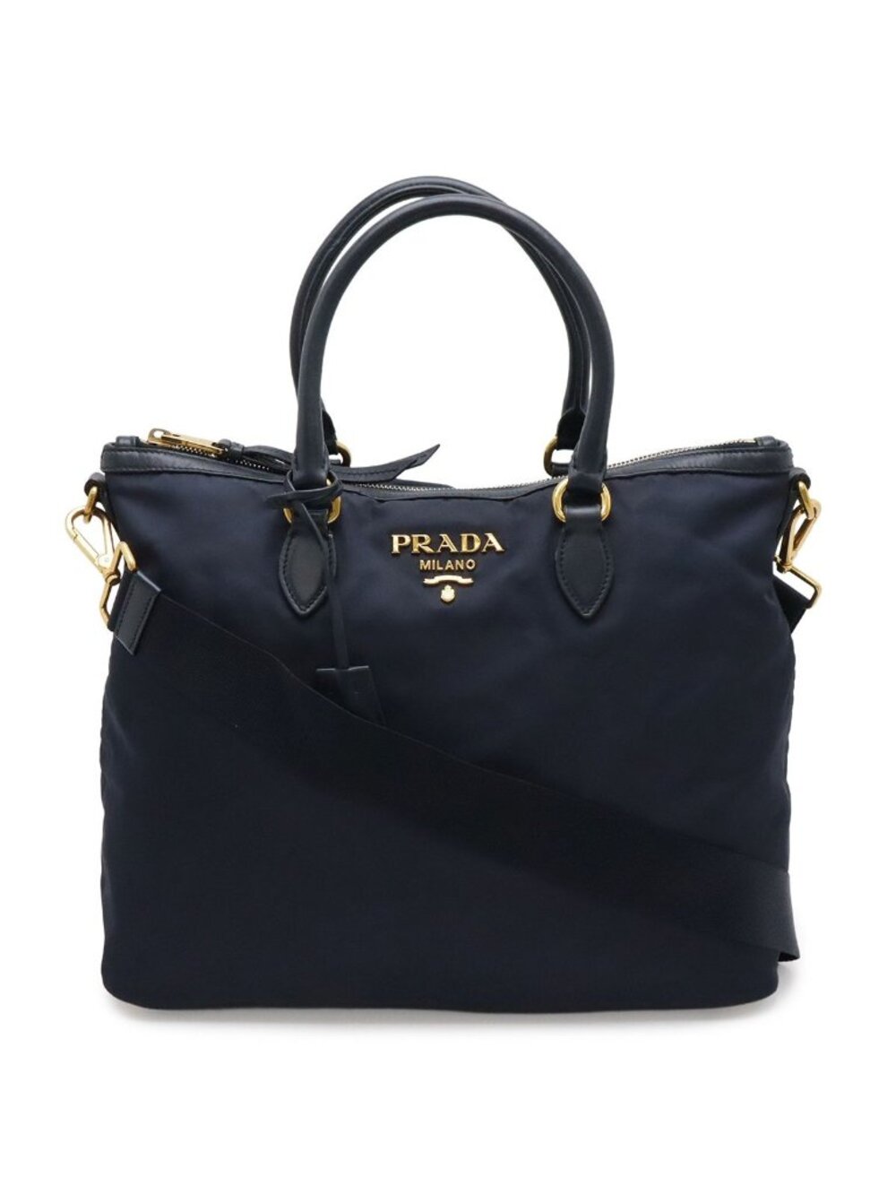 Prada Tote Shoulder Bag 2-Way Nylon Leather Navy Gold